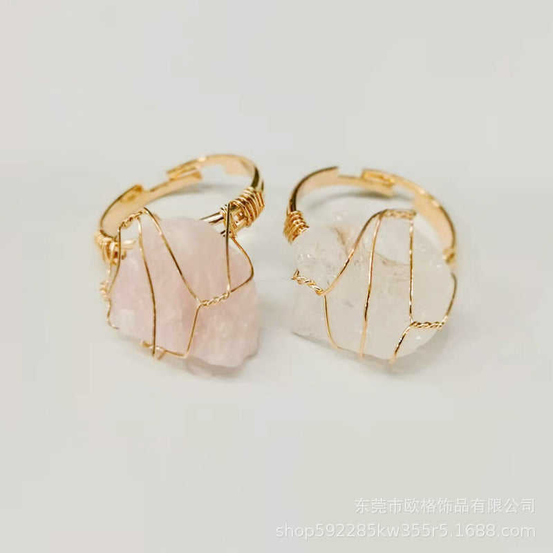 Anillo de herida de alambre hecho a mano de ágata natural irregular ajustable al por mayor